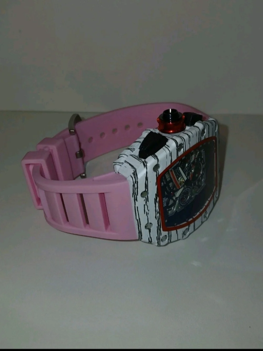 ​BiBi Sports Quartz Watch Chronograph Skeleton Face White Tonneau Pink Rubber